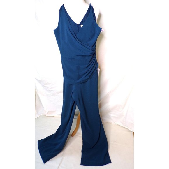 🆕 DRESS THE POPULATION Sam Ruched Jumpsuit Peacock Blue Large 10-12 - Picture 3 of 8